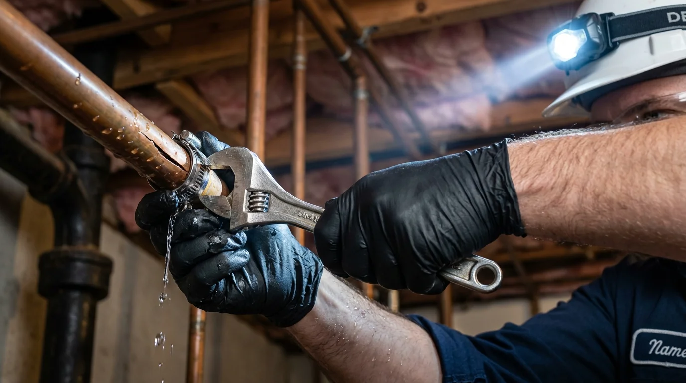 Emergency pipe clamp repair being performed by a Johns Plumbing LLC plumber in Cheshire
