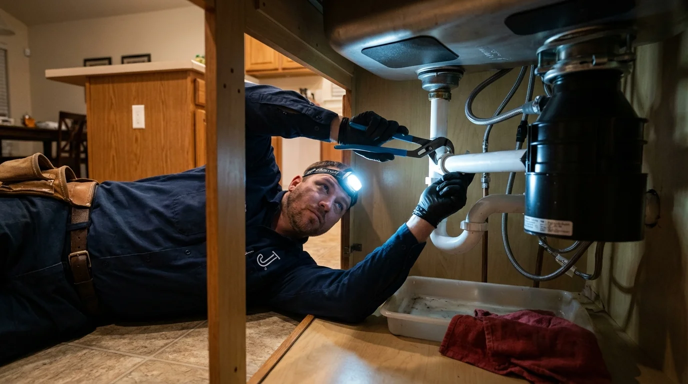 P-trap and supply line connections under a kitchen sink showing a common leak point in Cheshire, CT